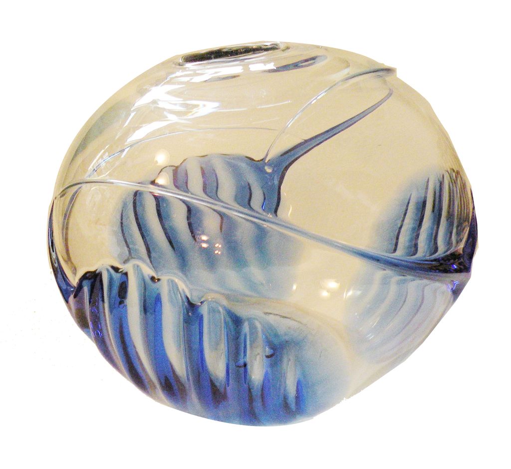 PETER BRAMHALL Cobalt and Clear Modernist Hand Blown Round Art Bowl-Dated 7/18/82 PETER BRAMHALL Cobalt and Clear Modernist Hand Blown Round Art Bowl-Dated 7/18/82