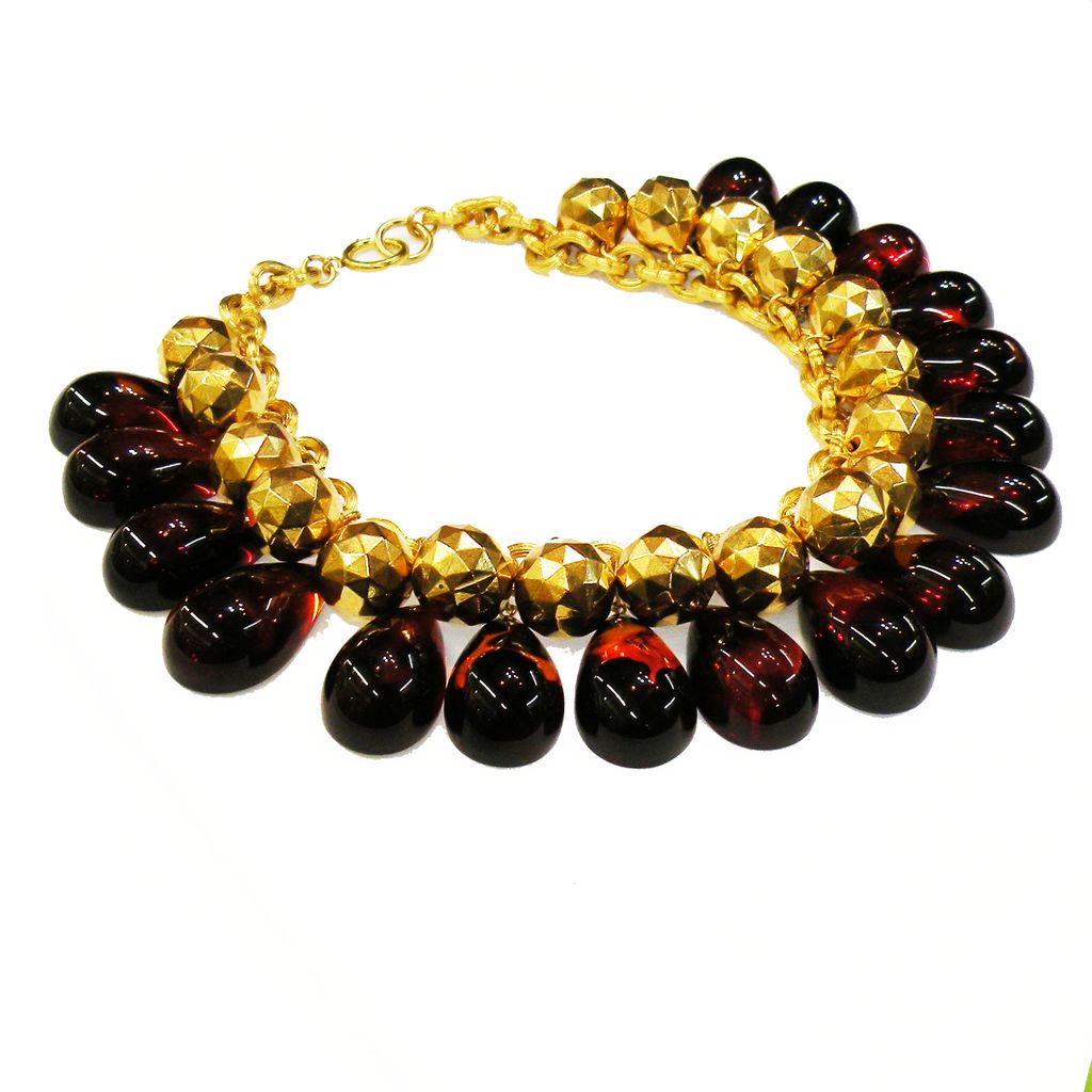 Rootbeer Domed Pear Drop and Gold Tone Ball Dramatic Necklace Rootbeer Domed Pear Drop and Gold Tone Ball Dramatic Necklace