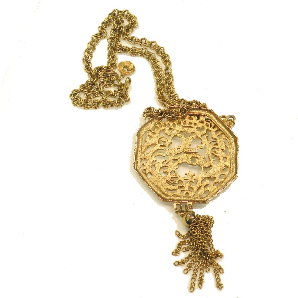 LISNER Rampant Lion Heraldic Shield Tasseled Pendant Necklace LISNER Rampant Lion Heraldic Shield Tasseled Pendant Necklace