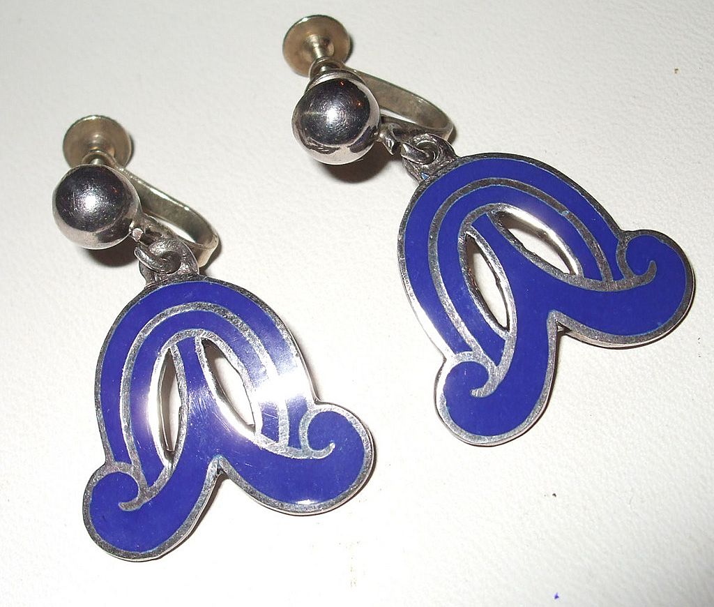 Modernist Taxco Mexican Sterling 925 Enameled Earrings with Signature Modernist Taxco Mexican Sterling 925 Enameled Earrings with Signature