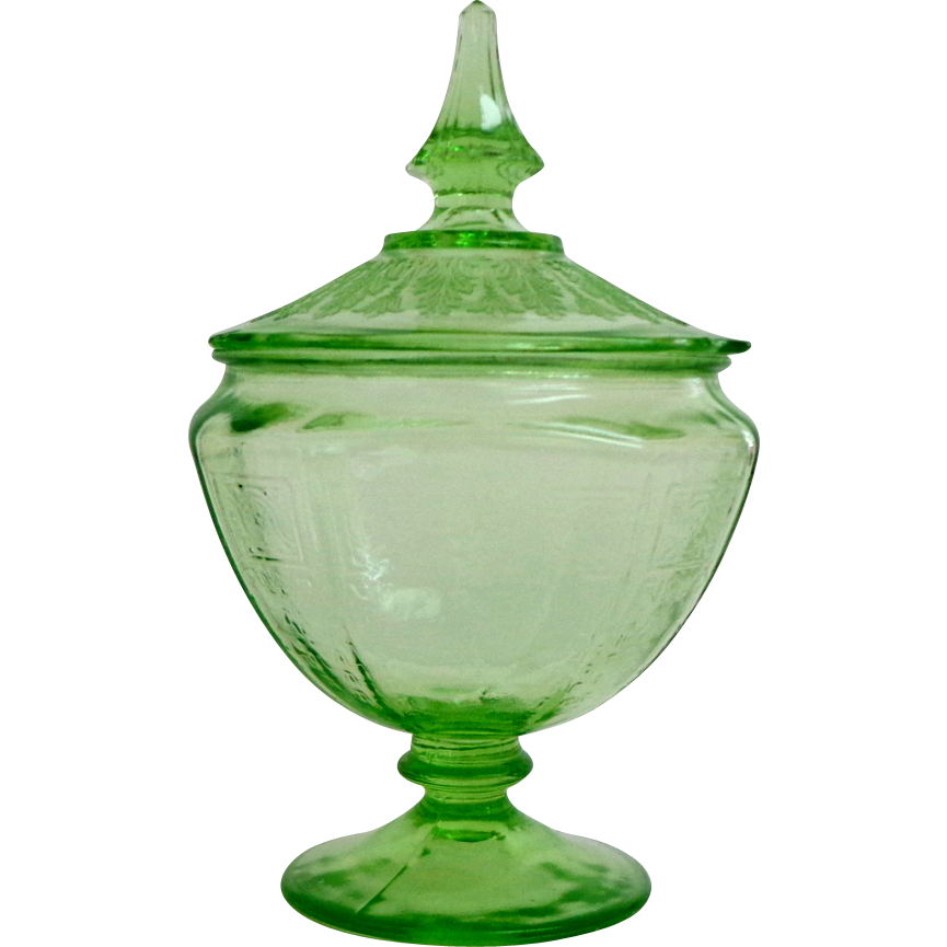 Covered Candy / Condiment Dish. Green Depression Glass. from