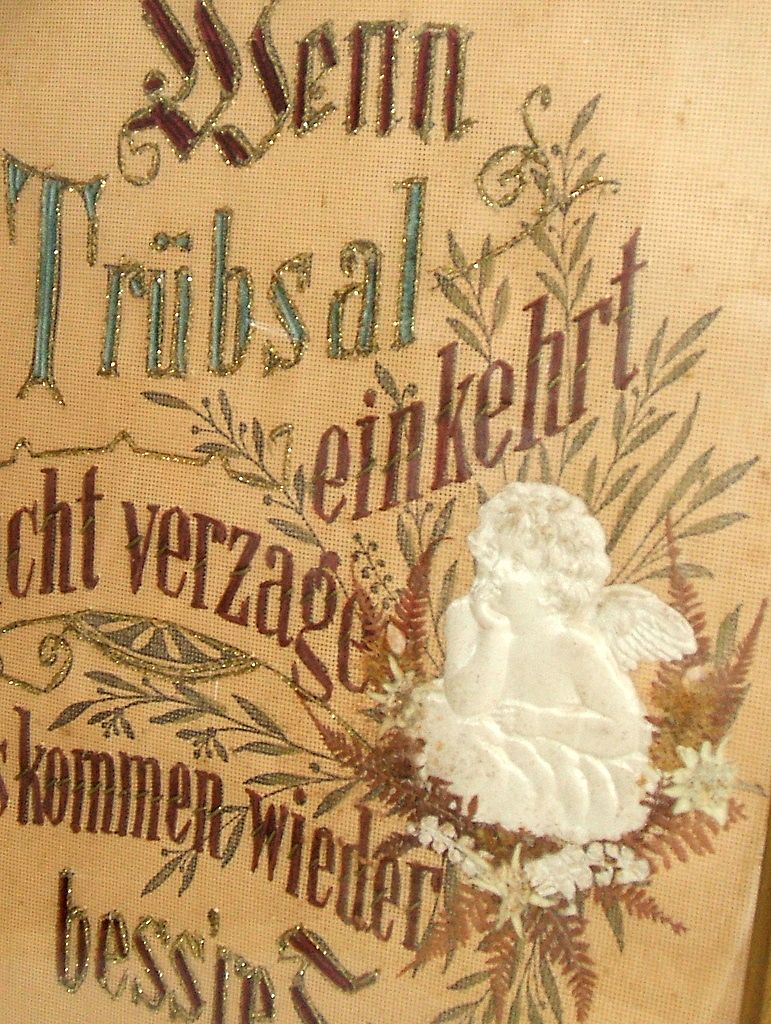 Berlin Work German Punched paper SAMPLER. Gold thread, puffy silk cherub, flowers. Very early. Berlin Work German Punched paper SAMPLER. Gold thread, puffy silk cherub, flowers. Very early.