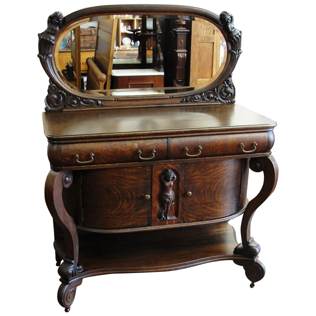 Quarter Sawn Oak Sideboard with Oval Mirror and Cherubs from
