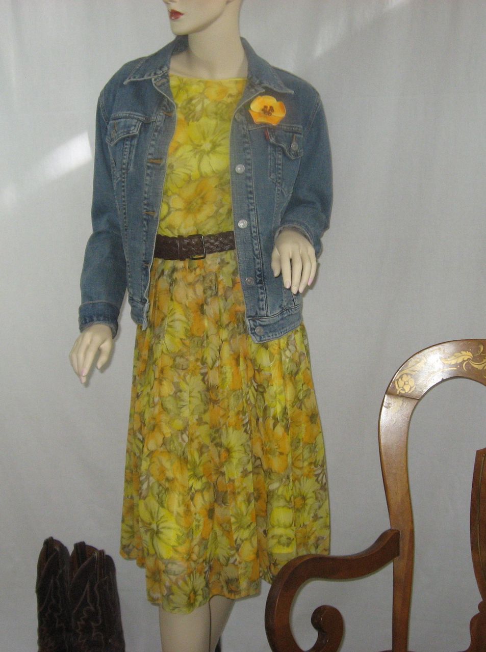 Vintage Rockabilly Yellow Floral Chiffon Dress Vintage Rockabilly Yellow Floral Chiffon Dress
