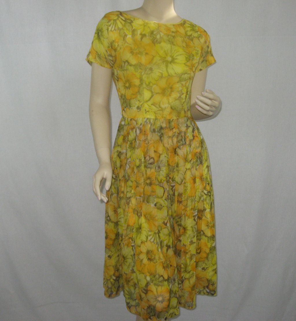 Vintage Rockabilly Yellow Floral Chiffon Dress Vintage Rockabilly Yellow Floral Chiffon Dress