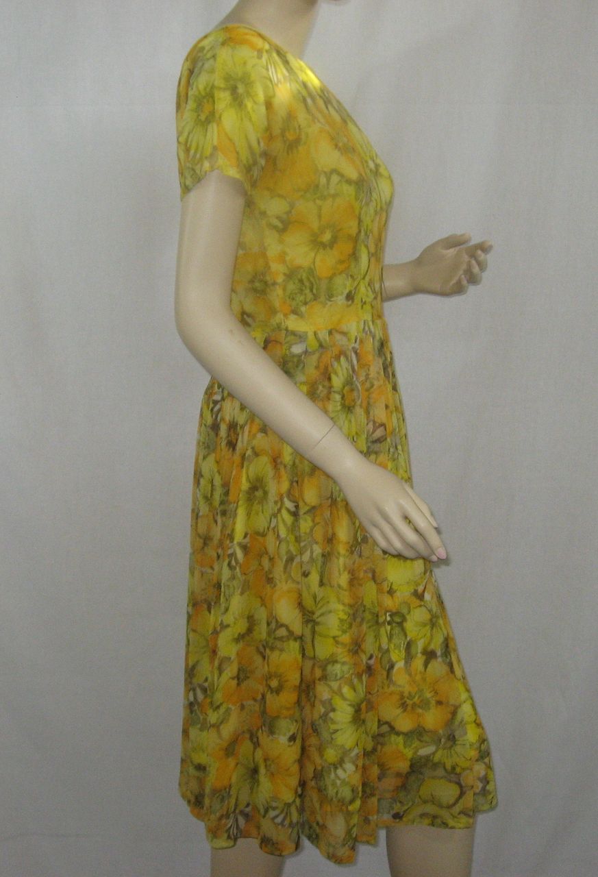 Vintage Rockabilly Yellow Floral Chiffon Dress Vintage Rockabilly Yellow Floral Chiffon Dress