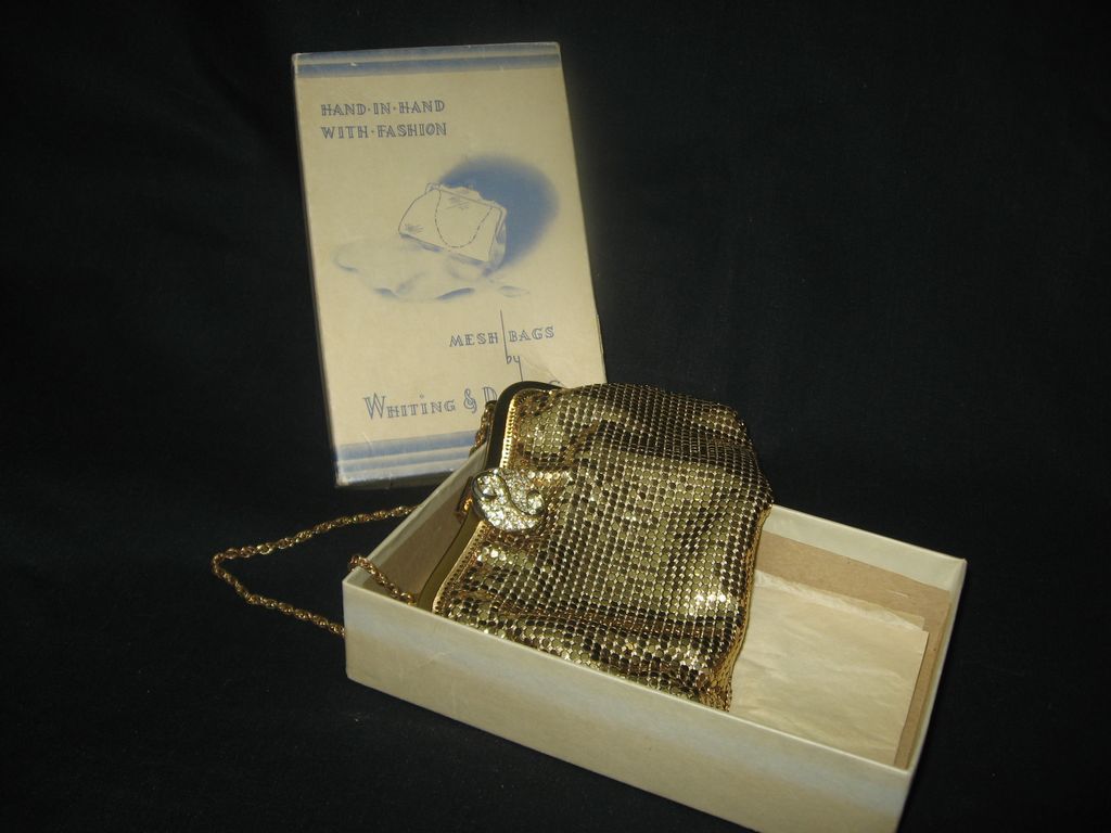 Vintage Whiting and Davis Mesh Evening Bag Rhinestone clasp w/box Vintage Whiting and Davis Mesh Evening Bag Rhinestone clasp w/box