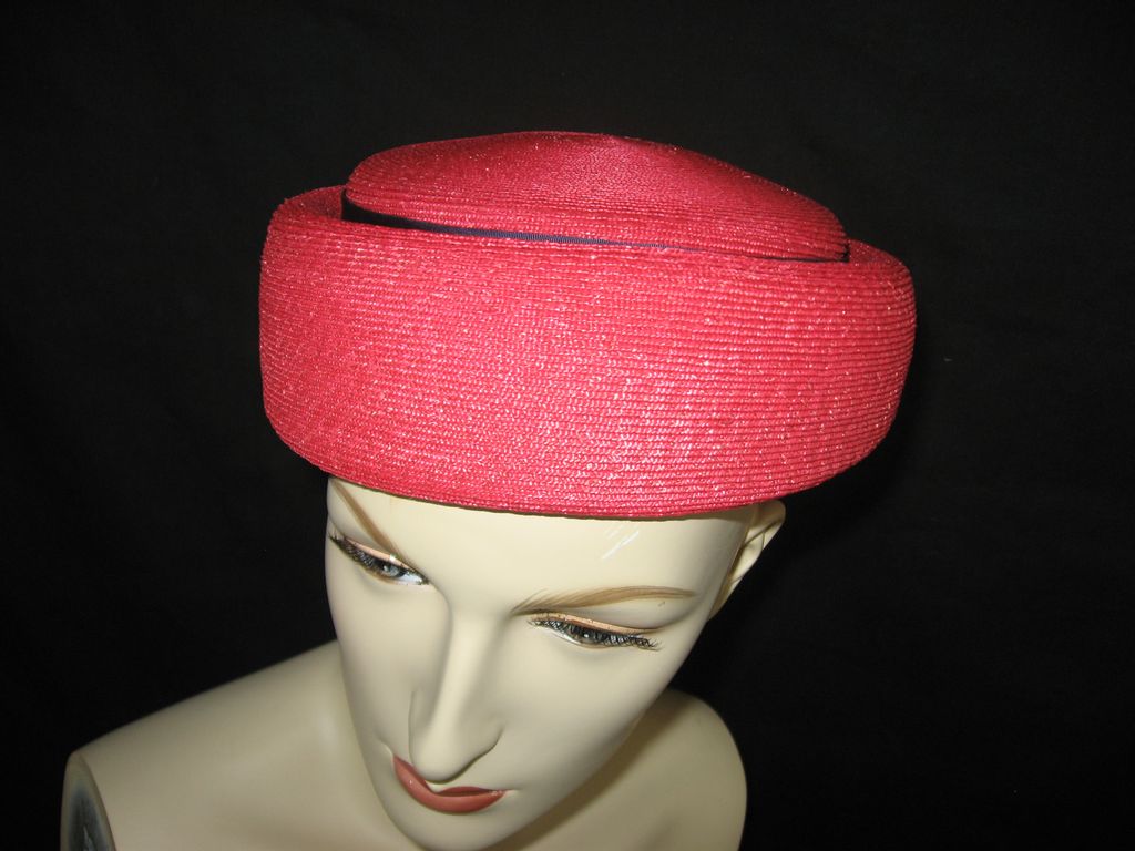 Vintage Red and Navy woven straw pillbox hat Vintage Red and Navy woven straw pillbox hat