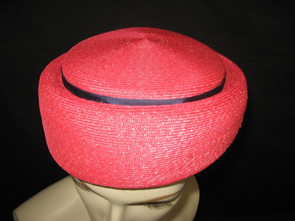 Vintage Red and Navy woven straw pillbox hat Vintage Red and Navy woven straw pillbox hat