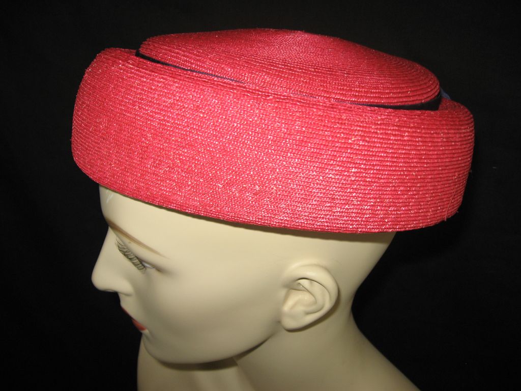 Vintage Red and Navy woven straw pillbox hat Vintage Red and Navy woven straw pillbox hat