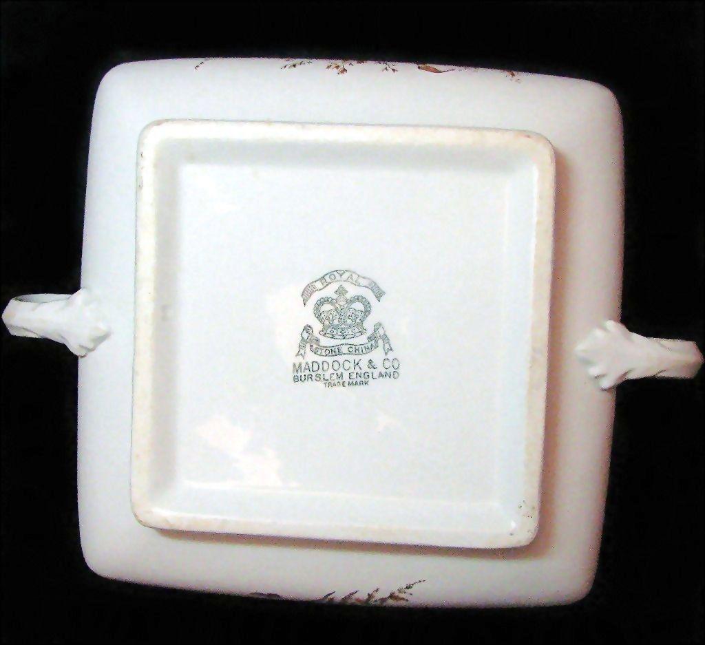 Large Brown Staffordshire Gilded Transferware Covered Square Serving Dish - Meadow Visitors Design (Can You Find Them?) Large Brown Staffordshire Gilded Transferware Covered Square Serving Dish - Meadow Visitors Design (Can You Find Them?)