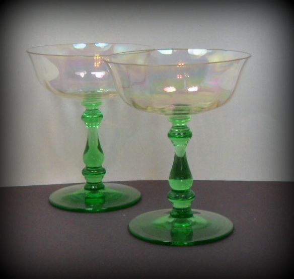 2 Tiffin Iridescent Optic Champagne Sherbet Glasses Green Stems Stemware 2 Tiffin Iridescent Optic Champagne Sherbet Glasses Green Stems Stemware