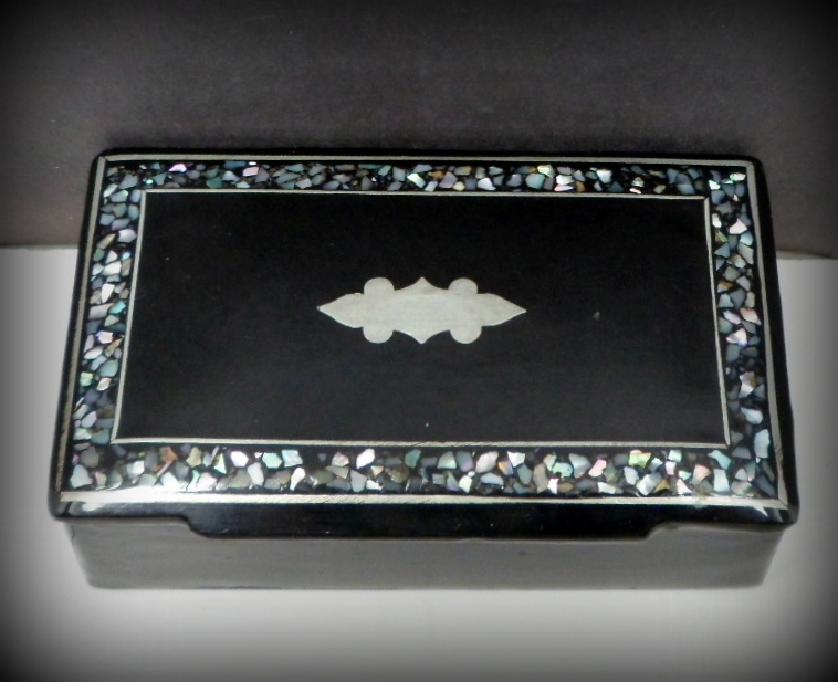Antique German Paper Mache Snuff Box Abalone Mother of Pearl Inlay Antique German Paper Mache Snuff Box Abalone Mother of Pearl Inlay