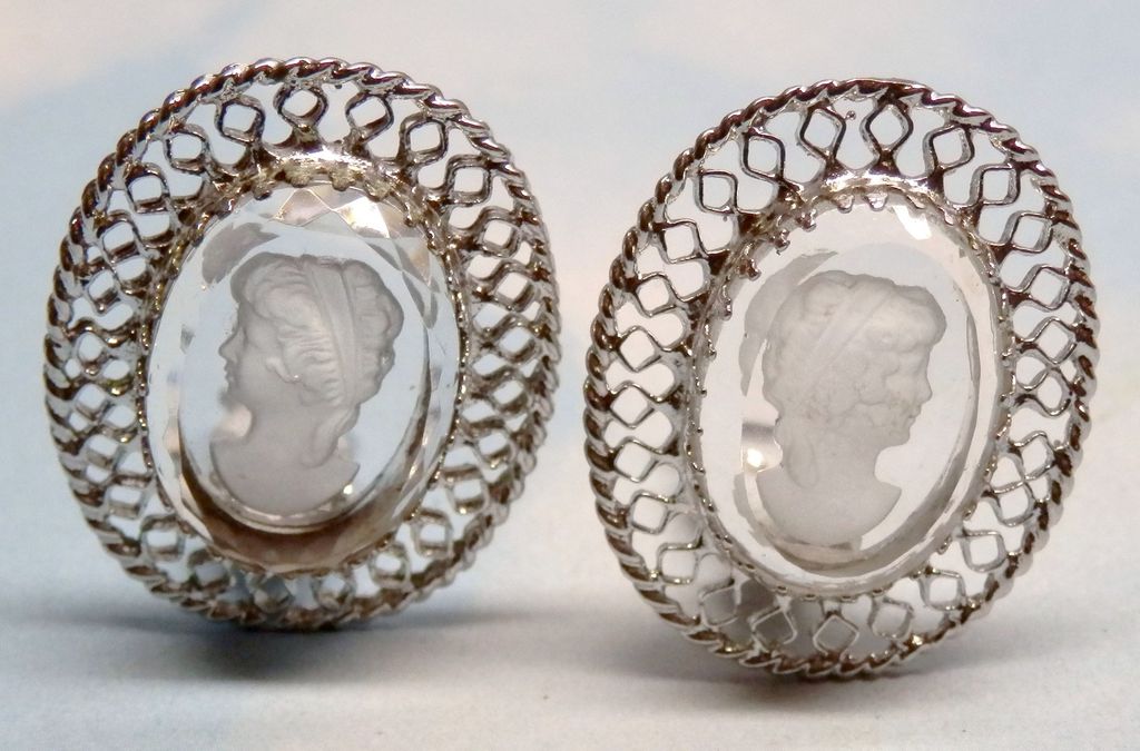 Vintage Whiting & Davis CO Intaglio Reverse Cameo Glass Earrings Vintage Whiting & Davis CO Intaglio Reverse Cameo Glass Earrings