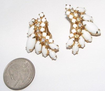 Vintage Milk Glass and AB Rhinestone Clip Earrings Vintage Milk Glass and AB Rhinestone Clip Earrings