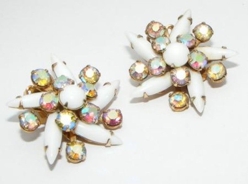 Vintage Park Lane White Milk Glass & Ab Rhinestone Earrings Vintage Park Lane White Milk Glass & Ab Rhinestone Earrings