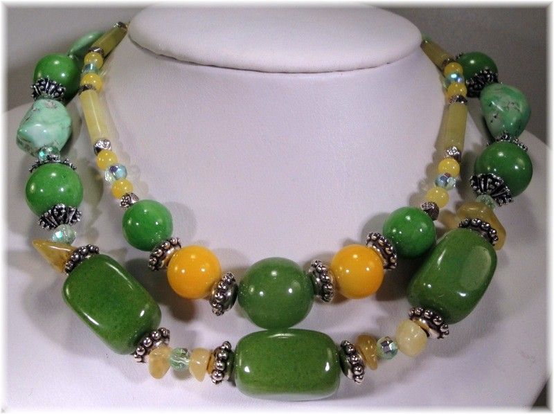 Vintage Multi 2 Strand Green and Yellow Glass Stone Vintage Multi 2 Strand Green and Yellow Glass Stone