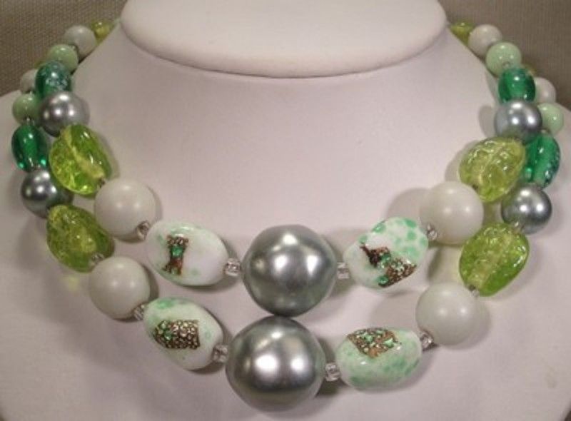 Lovely Vintage Two Strand Green Glass and Art Glass Bead Necklace Lovely Vintage Two Strand Green Glass and Art Glass Bead Necklace