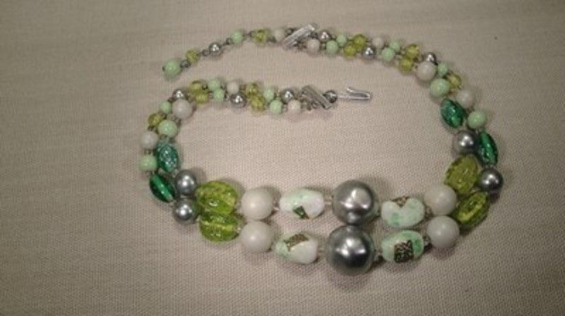 Lovely Vintage Two Strand Green Glass and Art Glass Bead Necklace Lovely Vintage Two Strand Green Glass and Art Glass Bead Necklace