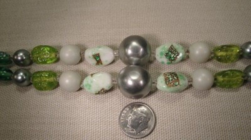 Lovely Vintage Two Strand Green Glass and Art Glass Bead Necklace Lovely Vintage Two Strand Green Glass and Art Glass Bead Necklace