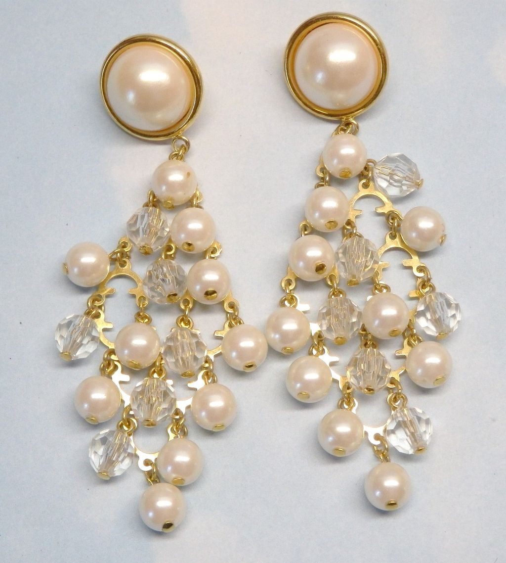 Vintage Faux Pearl and Crystal Goldtone Bead Chandelier Earrings Vintage Faux Pearl and Crystal Goldtone Bead Chandelier Earrings