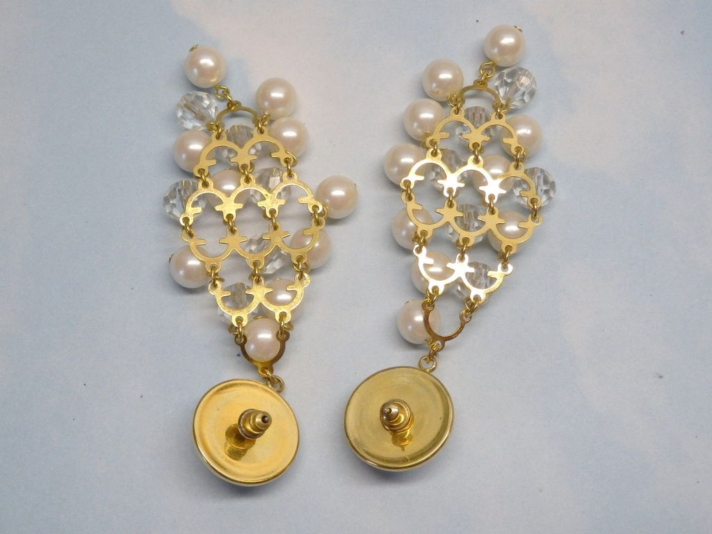 Vintage Faux Pearl and Crystal Goldtone Bead Chandelier Earrings Vintage Faux Pearl and Crystal Goldtone Bead Chandelier Earrings