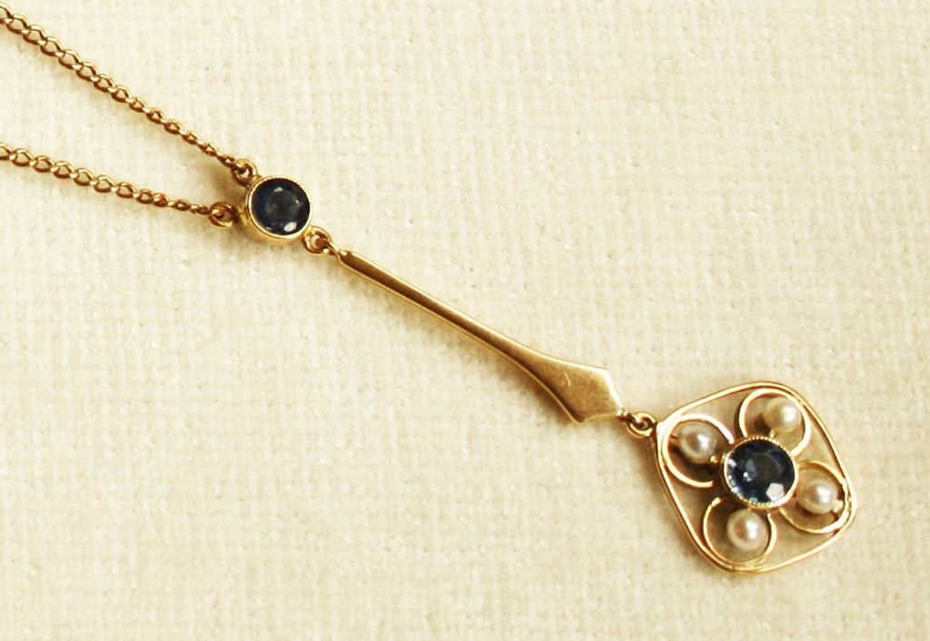 Antique, Gold Lavaliere Necklace set with Sapphires & Pearls Antique, Gold Lavaliere Necklace set with Sapphires & Pearls