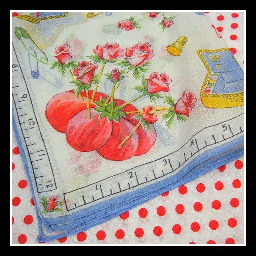 Vintage Women's Hanky with Sewing box motif - blue, red, pink Vintage Women's Hanky with Sewing box motif - blue, red, pink