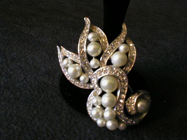 Ledo Silver-Tone Scroll Brooch encrusted w/Faux Pearls & Clear Rhinestones Ledo Silver-Tone Scroll Brooch encrusted w/Faux Pearls & Clear Rhinestones