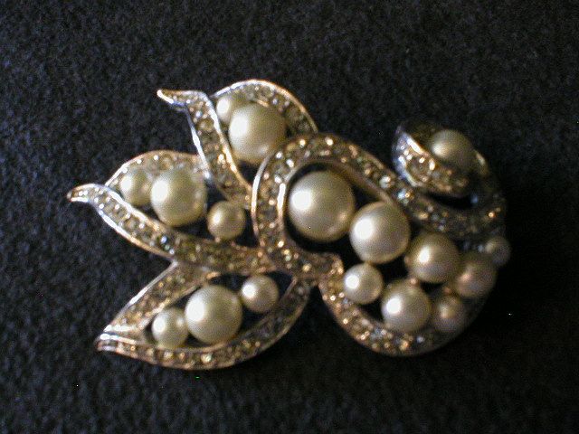 Ledo Silver-Tone Scroll Brooch encrusted w/Faux Pearls & Clear Rhinestones Ledo Silver-Tone Scroll Brooch encrusted w/Faux Pearls & Clear Rhinestones