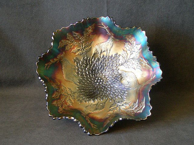 Fenton Blue Carnival "Stag & Holly" Footed Flared & Crimped Bowl Fenton Blue Carnival "Stag & Holly" Footed Flared & Crimped Bowl