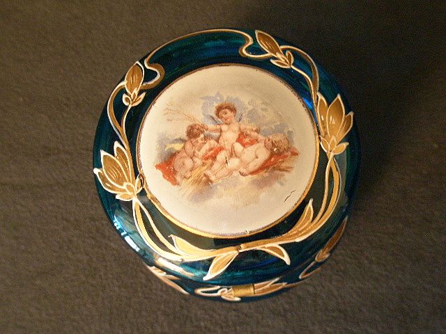 Hand Decorated Royal Blue Glass Hinged Vanity Box w/Three Cherubs or Putti Figures Hand Decorated Royal Blue Glass Hinged Vanity Box w/Three Cherubs or Putti Figures