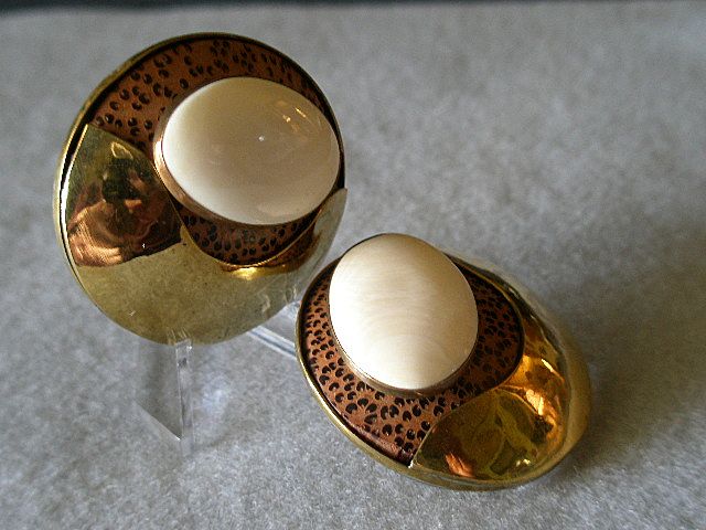 "Celia Sebiri" Vintage Brass, Faux Coconut Shell & Ivory/Bone Clip Earrings "Celia Sebiri" Vintage Brass, Faux Coconut Shell & Ivory/Bone Clip Earrings