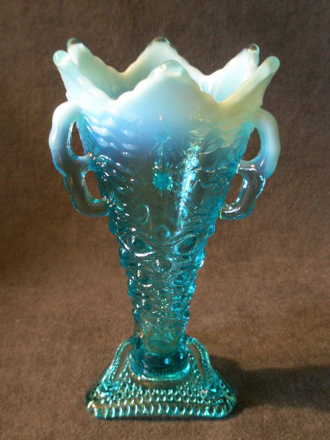Pair of Jefferson Glass Co. "Aurora Borealis" Pattern Blue Opalescent Vases Pair of Jefferson Glass Co. "Aurora Borealis" Pattern Blue Opalescent Vases