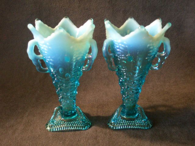 Pair of Jefferson Glass Co. "Aurora Borealis" Pattern Blue Opalescent Vases Pair of Jefferson Glass Co. "Aurora Borealis" Pattern Blue Opalescent Vases
