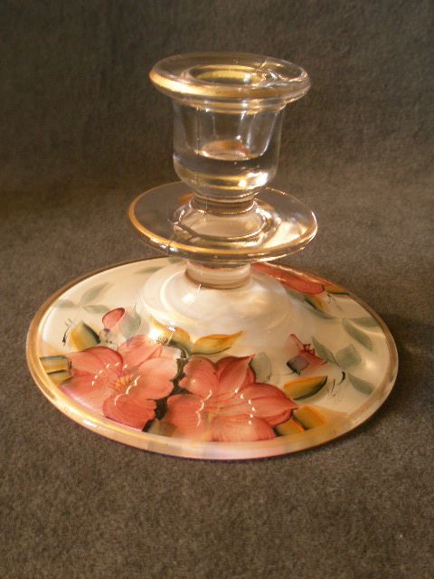 Depression Era Clear Glass Pair of Candle Holders with Hand-Painted "Azalea" Floral Motif Depression Era Clear Glass Pair of Candle Holders with Hand-Painted "Azalea" Floral Motif