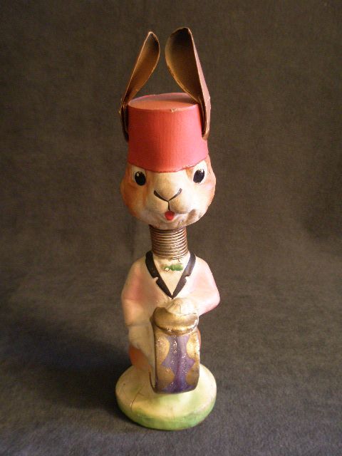 German Paper Mache Bobble Head Rabbit Playing a Drum - Circa 1920 German Paper Mache Bobble Head Rabbit Playing a Drum - Circa 1920