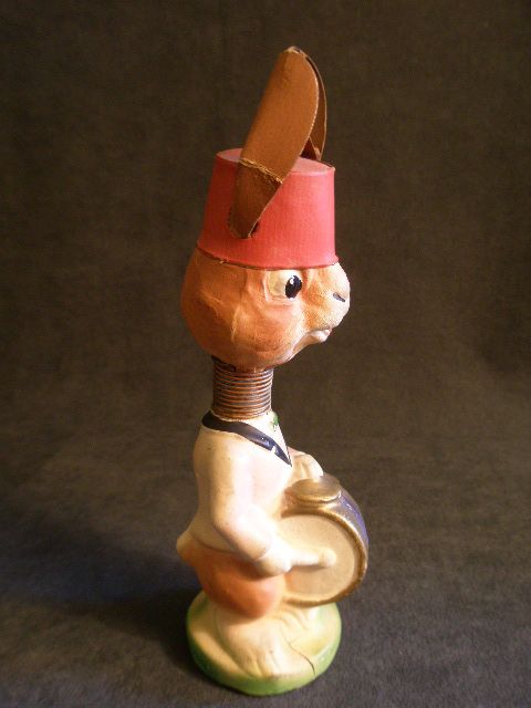German Paper Mache Bobble Head Rabbit Playing a Drum - Circa 1920 German Paper Mache Bobble Head Rabbit Playing a Drum - Circa 1920