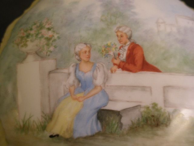 Austria Porcelain Hand Painted Covered Dressed Box w/Victorian Couple in a Garden Scene Austria Porcelain Hand Painted Covered Dressed Box w/Victorian Couple in a Garden Scene