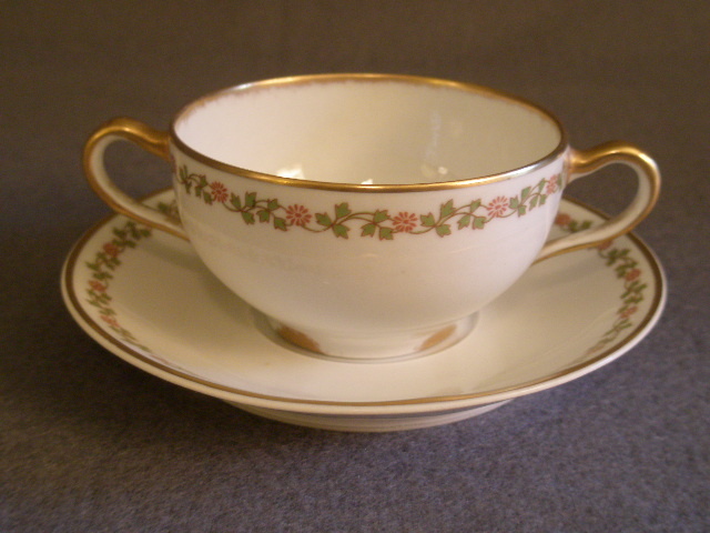 Set of 7 Theodore Haviland Limoges "Red Flower" Pattern Bouillon Cups & Saucers , Schleiger #874 Set of 7 Theodore Haviland Limoges "Red Flower" Pattern Bouillon Cups & Saucers , Schleiger #874