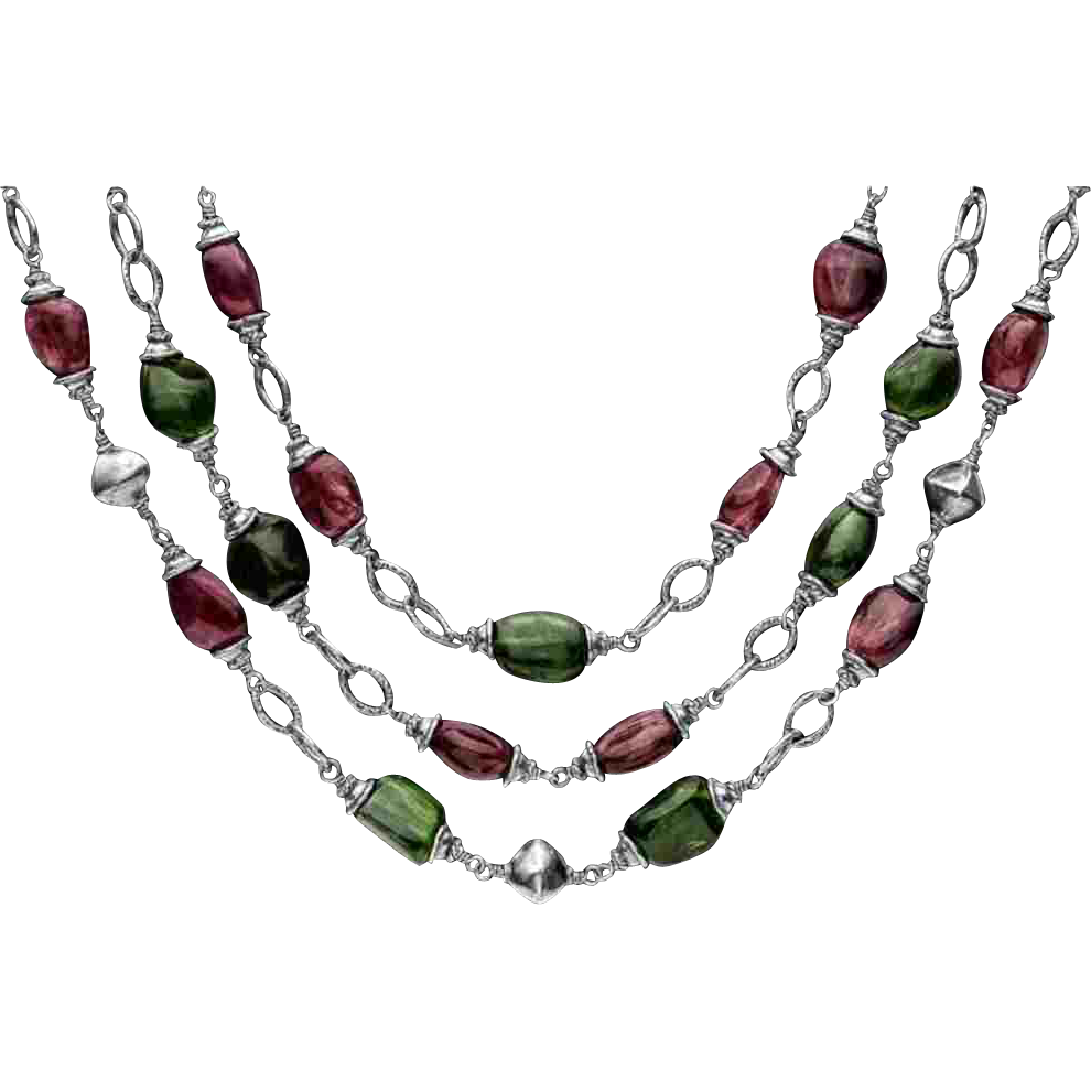 Three Stranded Tourmaline and Chrome Diopside Necklace Sterling Silver Three Stranded Tourmaline and Chrome Diopside Necklace Sterling Silver