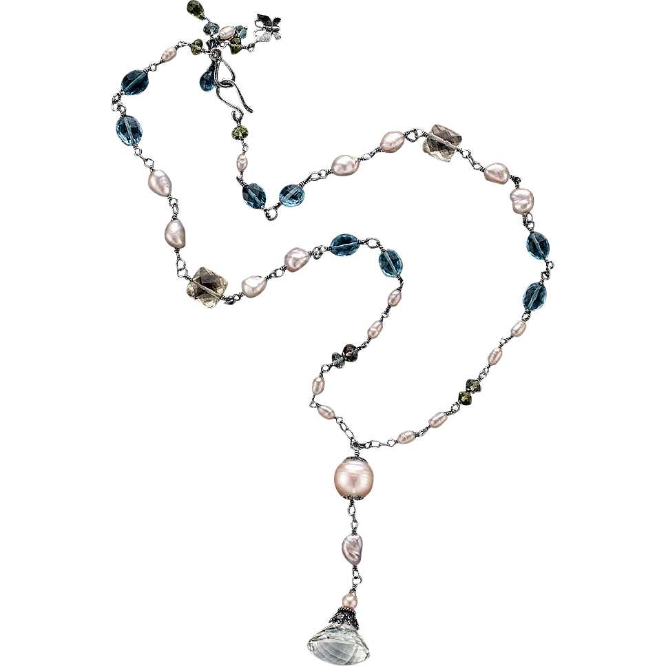 South Sea and Freshwater Pearl, Prasiolite, Topaz Sterling Silver Necklace South Sea and Freshwater Pearl, Prasiolite, Topaz Sterling Silver Necklace