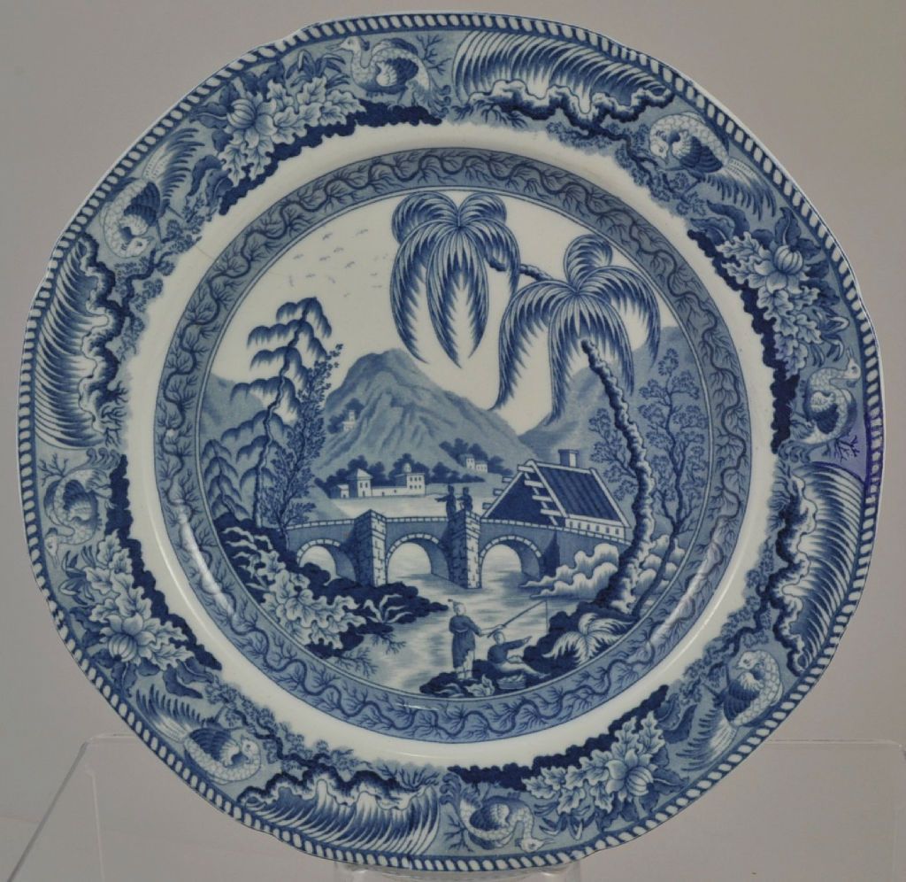 Staffordshire Blue and White Transfer Plate "Partly Covered Bridge" c 1810 Staffordshire Blue and White Transfer Plate "Partly Covered Bridge" c 1810