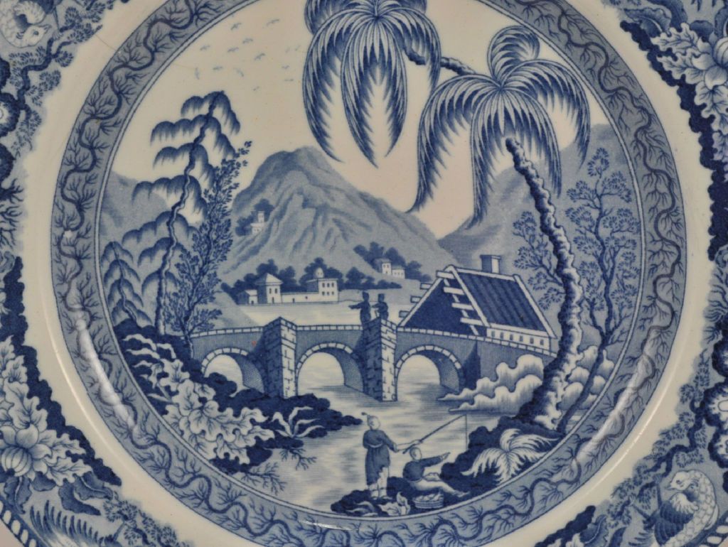 Staffordshire Blue and White Transfer Plate "Partly Covered Bridge" c 1810 Staffordshire Blue and White Transfer Plate "Partly Covered Bridge" c 1810