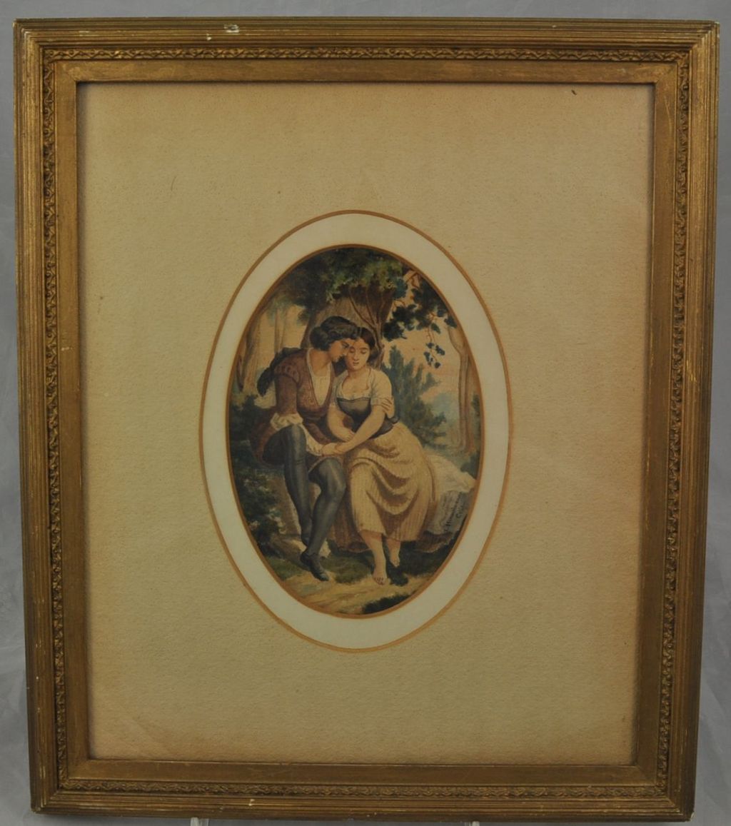 Antique Oval Watercolor of Courting Couple Signed Hemmelmann 1859 Antique Oval Watercolor of Courting Couple Signed Hemmelmann 1859