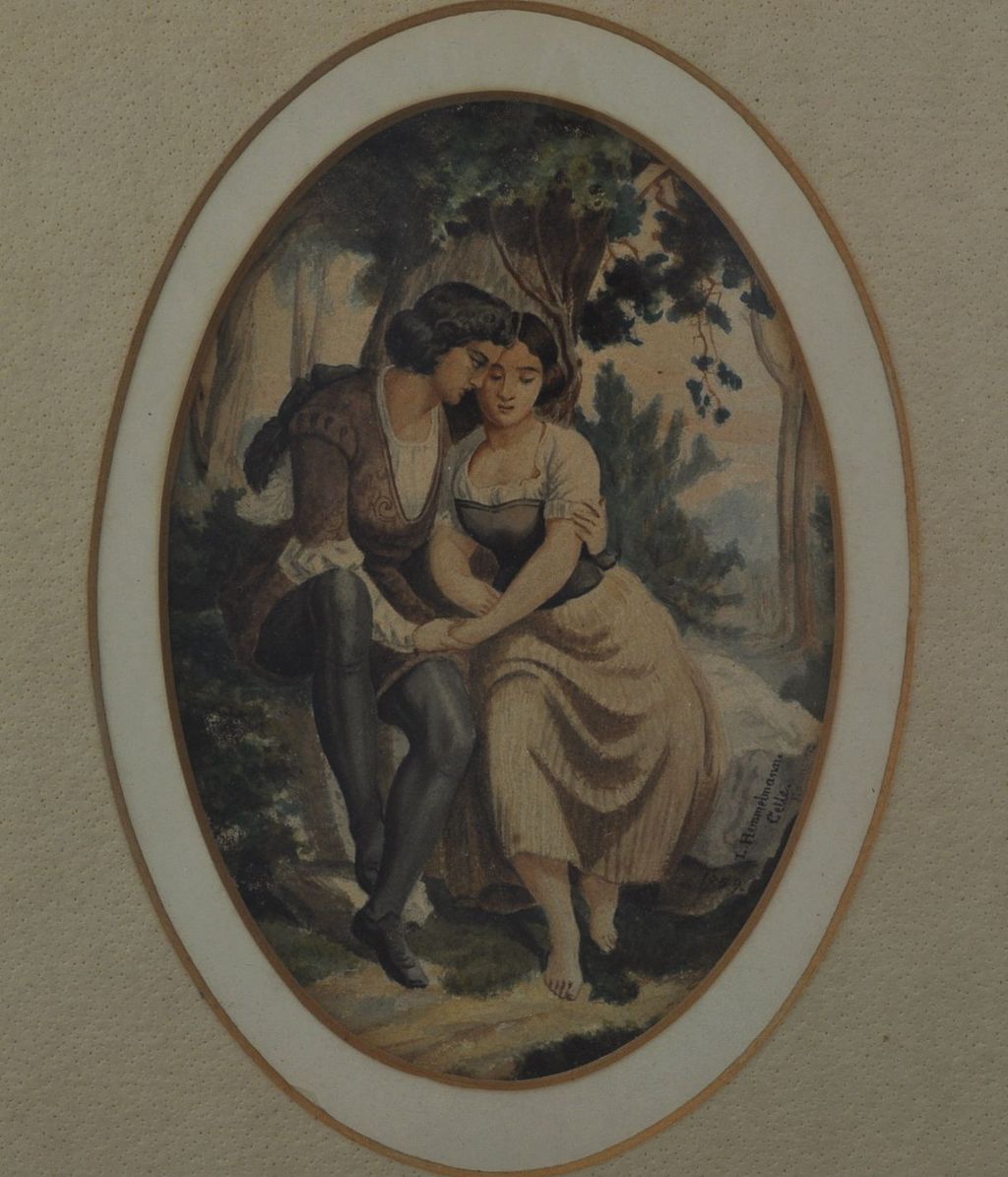 Antique Oval Watercolor of Courting Couple Signed Hemmelmann 1859 Antique Oval Watercolor of Courting Couple Signed Hemmelmann 1859