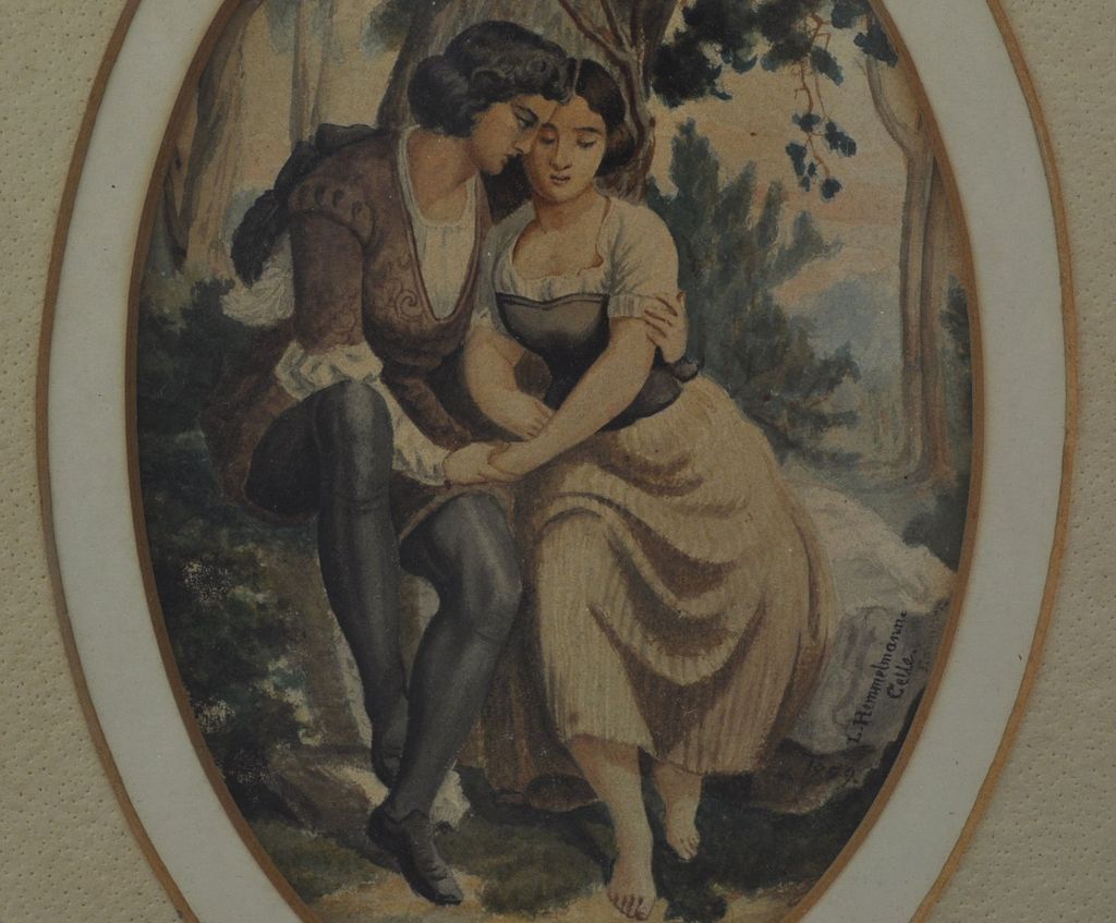 Antique Oval Watercolor of Courting Couple Signed Hemmelmann 1859 Antique Oval Watercolor of Courting Couple Signed Hemmelmann 1859