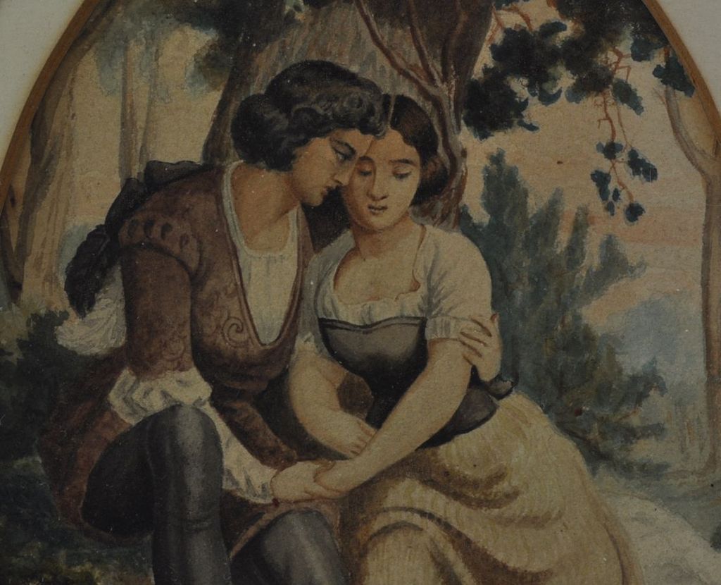 Antique Oval Watercolor of Courting Couple Signed Hemmelmann 1859 Antique Oval Watercolor of Courting Couple Signed Hemmelmann 1859