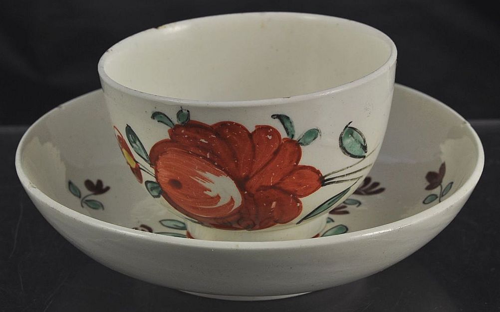 Staffordshire HP Creamware Childs Teacup &Saucer c 1760 Staffordshire HP Creamware Childs Teacup &Saucer c 1760