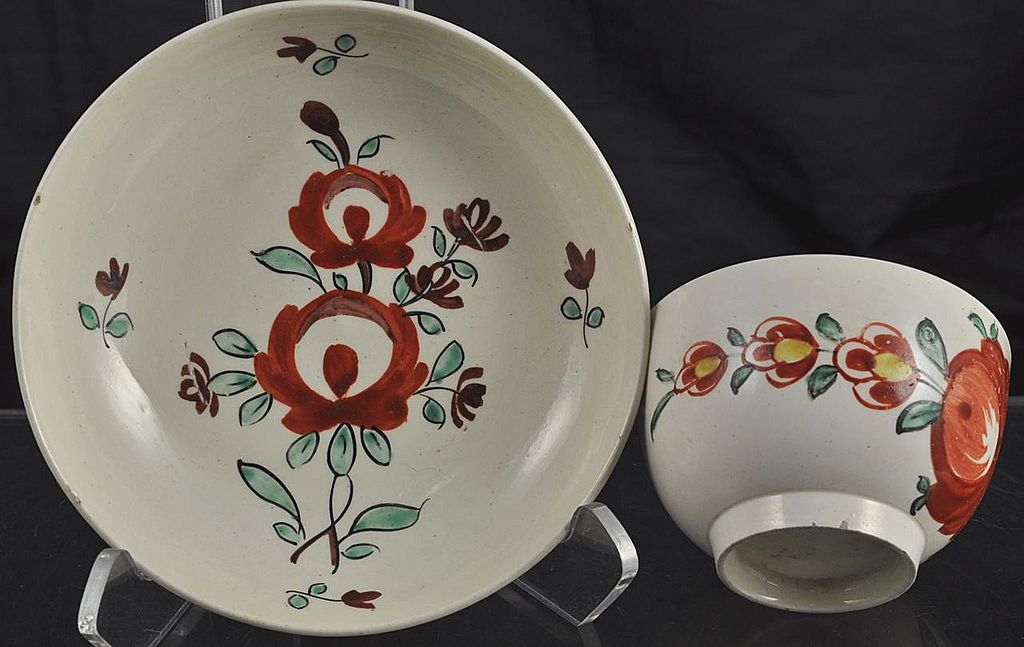 Staffordshire HP Creamware Childs Teacup &Saucer c 1760 Staffordshire HP Creamware Childs Teacup &Saucer c 1760
